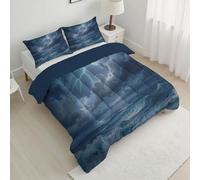 ANALTIRCE Storm Lightning Super King Duvet Set with 2 Pillowcases Coverless Duvet with Naturally Surging Waves Pattern, Washable Reversible All Seasons Lightweight Warm Blue Sewing Quilt Bedding Set