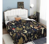 ANALTIRCE Woodland Aesthetics Flannel Blankets, Double Mushrooms Plants Soft Cozy Flannel Blanket, Washable Fuzzy Black Microfuber Throw Bedding Blanket for Home Office Room Bed Sofa Chair