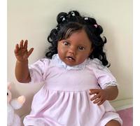 Anano 24 Inch Realistic Reborn Baby Dolls Mixed Race Black Girl Toddler Biracial Reborn Dolls African American Big Fat Chubby Body Reborn Toddler Baby Doll with Long Hair