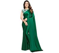 ANANT DESIGNER STUDIO women's Soft Satin Silk Plain Saree With Art Silk Digital Printed Unstiched Designer Blouse, Dark Green, One Size