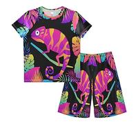 Anantty Boys Pyjamas Set Tropical Leaves Cute Lizard Chameleon Short PJs Nightwear Summer Short Sleeve Sets for Kids Child Teenagers Multicolor