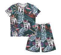 Anantty Boys Pyjamas Set Tropical Leaves French Bulldog Short PJs Nightwear Summer Short Sleeve Sets for Kids Child Teenagers Multicolor