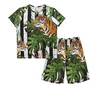 Anantty Boys Pyjamas Set Tropical Palm Leaves Tiger Short PJs Nightwear Summer Short Sleeve Sets for Kids Child Teenagers Multicolor
