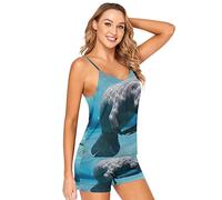 Anantty Womens Pajamas Sets Cute Sea Animal Manatee Cami Shorts Sets, Sleepwear Nightwear V-neck Sleeveless Tank Tops and Shorts Lounge Set Multicolor