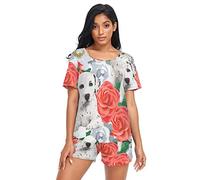 Anantty Womens Pajamas Sets Floral Flower Dalmatians Dog Summer Sleepwear Nightwear T-Shirt and Shorts Lounge Set for Womens Girls Multicolor
