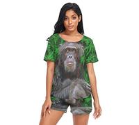 Anantty Womens Pajamas Sets Gorilla Green Leaves Monkey Summer Sleepwear Nightwear T-Shirt and Shorts Lounge Set for Womens Girls