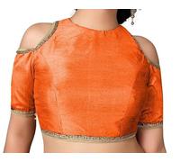 ANANYA FASHION & CRAFTS HUB Dupion Solid Saree Blouse Round Neck Top Half Sleeve Cut Shoulder Back Hook & Eye Choli Sari Orange
