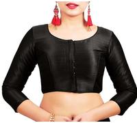 ANANYA FASHION & CRAFTS HUB Dupion Solid Saree Readymade Blouse Round Neck Top 3/4 Sleeve Front Hook & Eye Closure Choli Sari Black