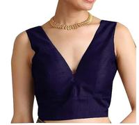 ANANYA FASHION & CRAFTS HUB Dupion Solid Saree Readymade Blouse V-Neck Top Sleeveless Back Hook & Eye Closure Choli Sari Navy Blue
