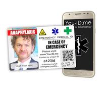 Anaphylaxis Medical Card. Large Custom Photo. Custom Printed Personalised. Vital ID, Contact and Medical Information. QR Code for Phone Access. Alerts Your Contacts