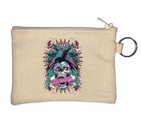 Ànarchy Pink and Black Raven Skull Art Key Chain Coin Purse Beige