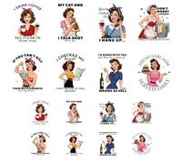 ANATTASOUL 16 Sheets Iron on Transfers for T-Shirts Vintage Housewife DTF Transfers Ready to Press, Washable Vinyl Heat Press Iron on Patches for Women Girls Clothing Hat Bag Pillow DIY Crafts Gifts