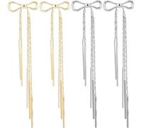 ANATTASOUL 2 Pairs Bow Tassel Earrings Long Bowknot Dangle Earrings Sparkly Gold Silver Drop Statement Earrings Big Bow Stud Earrings for Women Jewelry Gifts for Wedding Party Christmas