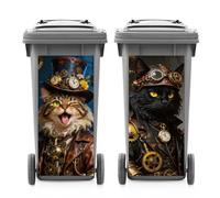 ANATTASOUL 2 Sheets Animal Wheelie Bin Stickers Steampunk Cat Waterproof Dustbin Covers Decor, 14.9"x 32.2" Adhesive Large Funny Decal for Bins, Fridge, Wall, Garden Outdoor, Indoor Decoration