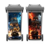 ANATTASOUL 2 Sheets Spring Wheelie Bin Stickers Storm Pirate Ship Waterproof Dustbin Covers Decor, 14.9"x 32.2" Adhesive Large Funny Decal for Bins, Fridge, Wall, Garden Outdoor, Indoor Decoration