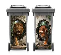 ANATTASOUL 2 Sheets Wheelie Bin Stickers Broken Wall Lion and Tiger Waterproof Dustbin Covers Decor, 14.9"x 32.2" Adhesive Large Decal for Bins, Fridge, Wall Outdoor, Indoor Decoration