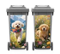 ANATTASOUL 2 Sheets Wheelie Bin Stickers Puppy and Flowers Mountain Waterproof Dustbin Covers Decor, 14.9"x 32.2" Adhesive Large Decal for Bins, Fridge, Wall Outdoor, Indoor Decoration