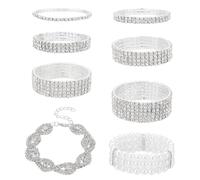 ANATTASOUL 8pcs Rhinestone Stretch Bracelets Sparkly Clear Crystal Wedding Bridal Bridesmaid Stretch Bracelet Jewelry Stackable Elastic Pearl Multilayer Strand Link Tennis Bracelets Set