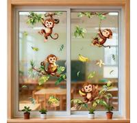 ANATTASOUL Animal Static Window Stickers Large Monkey and Leaves Reusable Window Clings for Glass Windows, 47.24" x 11.8" Removable Double Sided Window Decals for Room Office Home Kitchen Decoration