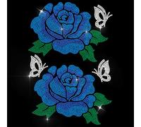 ANATTASOUL Blue Iron on Rhinestone Transfers Blue Rose Glitter Diamante Patch Sequin for Clothes, 11.6"x8.2" Large Bling Hotfix Iron On Applique for Clothing Hoodies Dress Shirt DIY Decor Gifts