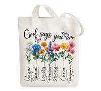 ANATTASOUL Canvas Tote Bag Bible and Flowers Reusable Cotton Bag for Women, 15.74"x14.96" Durable and Foldable Cloth Shoulder Bags with Zip Pockets for Shopping, Vacation, Work, Gym