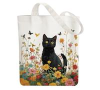 ANATTASOUL Canvas Tote Bag Black Cat In Flower Reusable Cotton Bag for Women, Durable Folding Cloth Shoulder Bags with Zip Pockets for Shopping, Vacation, Work, Gym