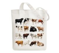 ANATTASOUL Canvas Tote Bag Cow Illustrated Book Reusable Cotton Bag for Women, Durable Cloth Shoulder Bags with Zipper Pockets for Shopping, Vacation, Work, Gym