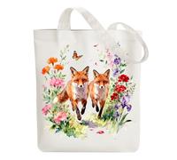 ANATTASOUL Canvas Tote Bag Fox and Flowers Reusable Cotton Bag for Women, 15.74"x14.96" Durable and Foldable Cloth Shoulder Bags with Zip Pockets for Shopping, Vacation, Work, Gym, Gifts