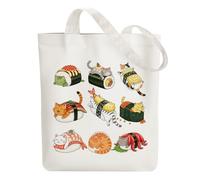 ANATTASOUL Canvas Tote Bag Sushi Cat Reusable Cotton Bag for Women, Durable and Foldable Cloth Shoulder Bags with Zipper Pockets for Shopping, Vacation, Work, Gym