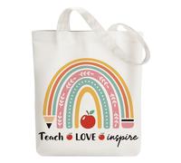 ANATTASOUL Canvas Tote Bag TEACH LOVE INSPIRE Reusable Cotton Bag for Women, 15.74"x14.96" Durable and Foldable Cloth Shoulder Bags with Zip Pockets for Shopping, Vacation, Work, Gym