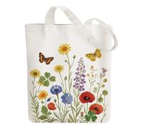 ANATTASOUL Canvas Tote Bag Wildflowers and Butterflies Reusable Cotton Bag for Women, 15.74"x14.96" Durable and Foldable Cloth Shoulder Bags with Zip Pockets for Shopping, Vacation, Work, Gym