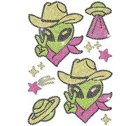 ANATTASOUL Green Iron on Rhinestone Transfers Aliens and Spaceship Bling Diamante Hotfix Patches for Clothes, Large Bling Hotfix Iron On Applique for Clothing Hoodies Dress Shirt DIY Decor Gifts