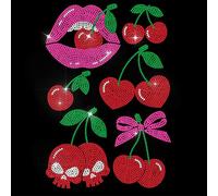 ANATTASOUL Halloween Iron on Rhinestone Transfers Cherry Lips Skull Bling Diamante Hotfix Patches for Clothes, Large Bling Hotfix Iron On Applique for Clothing Hoodies Dress Shirt DIY Decor Gifts