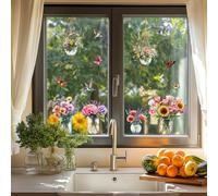ANATTASOUL Spring Static Window Clings Vase Butterfly Hummingbird 1 Sheet Reusable Window Decals for Glass, 47.24" x 11.8" Removable Double Sided Window Sticker for Room Office Home Decoration