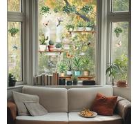 ANATTASOUL Spring Static Window Sticker Large Pot Plant Butterfly Hummingbird Reusable Window Cling for Glass, 47.24" x 11.8" Removable Double Sided Window Decal for Room Office Home Decoration