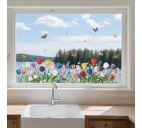ANATTASOUL Spring Static Window Sticker Large Tulips and Butterflies Reusable Window Cling for Glass Window, 47.24" x 11.8" Removable Double Sided Window Decal for Room Office Home Kitchen Decoration