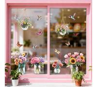 ANATTASOUL Spring Static Window Stickers Large Vase Butterfly Hummingbird Reusable Window Clings for Glass Windows, 47.24" x 11.8" Removable Double Sided Window Decals for Room Office Home Decoration