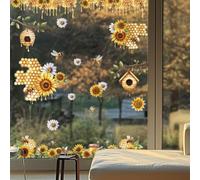 ANATTASOUL Static Window Clings Bees and Sunflowers 1 Sheet Reusable Window Decals for Glass, 47.24" x 11.8" Removable Double Sided Window Sticker for Room Office Home Decoration