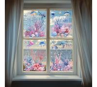 ANATTASOUL Summer Static Window Clings Undersea Plants and Turtles 1 Sheet Reusable Window Decals for Glass, 47.24" x 11.8" Removable Double Sided Window Sticker for Room Office Home Decoration