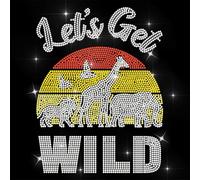 ANATTASOUL White Iron on Rhinestone Transfer Animal with Let's Get Wild Glitter Diamante Patch Sequin for Clothes, Large Bling Hotfix Iron On Applique for Clothing Hoodies Dress Shirt DIY Decor Gift