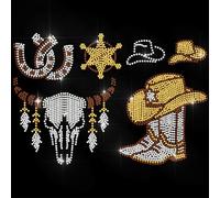 ANATTASOUL White Iron on Rhinestone Transfers Cowboy and Bull Skull Glitter Diamante Patch Sequin for Clothes, Large Bling Hotfix Iron On Applique for Clothing Hoodies Dress Shirt DIY Decor Gifts