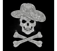 ANATTASOUL White Iron on Rhinestone Transfers Cowboy Skull Glitter Diamante Patch Sequin for Clothes, 11.6"x8.2" Large Bling Hotfix Iron On Applique for Clothing Hoodies Dress Shirt DIY Decor Gifts