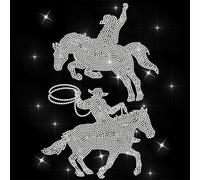 ANATTASOUL White Iron on Rhinestone Transfers Horse Cowboy Glitter Diamante Patch Sequin for Clothes, 11.6"x8.2" Large Bling Hotfix Iron On Applique for Clothing Hoodies Dress Shirt DIY Decor Gifts