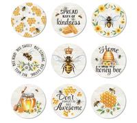 ANATTASOUL Wood Coasters Set of 9 for Drinks Bee Greeting and Flower Pattern Colorful Wooden Cup Mat for Coffee Table Decor, 3.9" Non-Slip Desk Coasters for Home, Apartment, Office, Bar Gifts