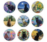 ANATTASOUL Wood Coasters Set of 9 for Drinks Cat Painting Pattern Colorful Wooden Cup Mat for Coffee Table Decor, 3.9" Non-Slip Desk Coasters for Home, Apartment, Office, Bar Gifts