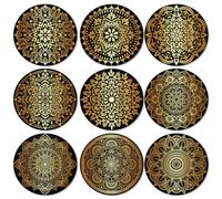 ANATTASOUL Wood Coasters Set of 9 for Drinks Gold Mandala Pattern Colorful Wooden Cup Mat for Coffee Table Decor, 3.9" Round Desk Coasters for Home, Apartment, Office, Bar Gifts