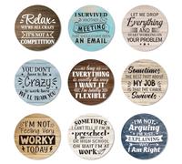 ANATTASOUL Wood Coasters Set of 9 for Drinks Humor Office Work Pattern Colorful Wooden Cup Mat for Coffee Table Decor, 3.9" Non-Slip Desk Coasters for Home, Apartment, Office, Bar Gifts
