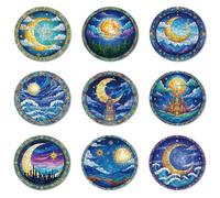 ANATTASOUL Wood Coasters Set of 9 for Drinks Moon Star Pattern Colorful Wooden Cup Mat for Coffee Table Decor, 3.9" Non-Slip Desk Coasters for Home, Apartment, Office, Bar Gifts