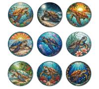 ANATTASOUL Wood Coasters Set of 9 for Drinks Sea Turtle Colorful Wooden Cup Mat for Coffee Table Decor, 3.9" Round Desk Coasters for Home, Apartment, Office, Bar Gifts