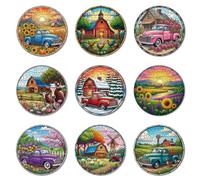 ANATTASOUL Wood Coasters Set of 9 for Drinks Stained Glass Farm Pattern Colorful Wooden Cup Mat for Coffee Table Decor, 3.9" Non-Slip Desk Coasters for Home, Apartment, Office, Bar Gifts